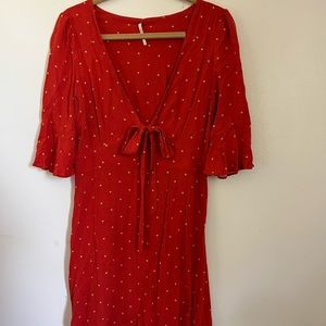 Free People All Yours Polka Dot Dress Womens Size 4 Red Mini Fit Flare V-neck